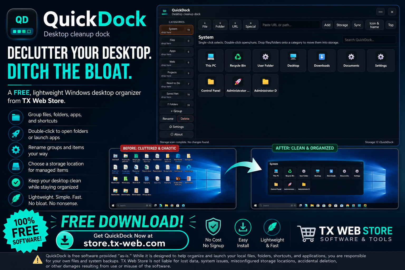 QuickDock advertisement showing desktop decluttering and the QuickDock app interface