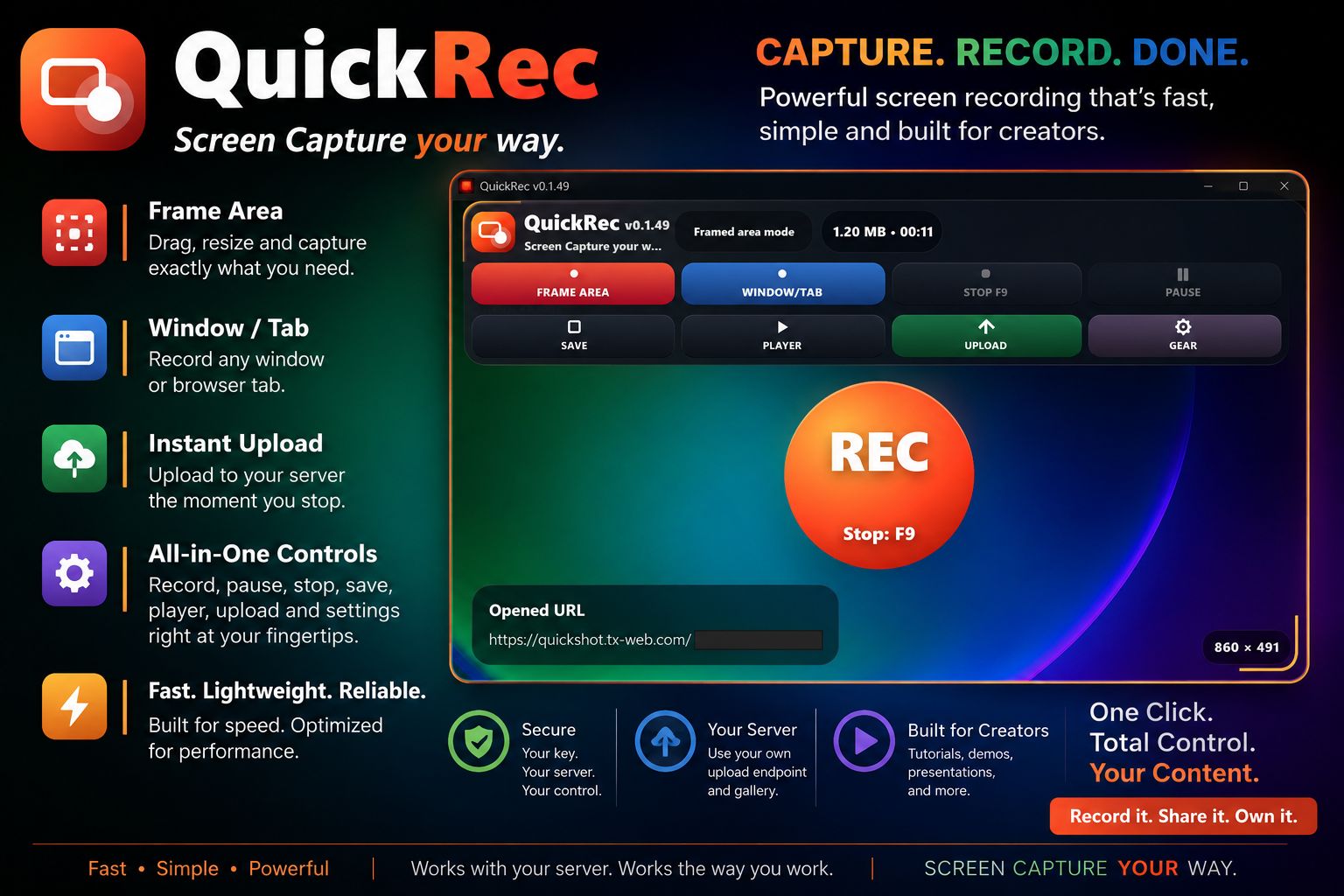 QuickRec app advertisement showing frame area, window tab, upload, player, and recording controls