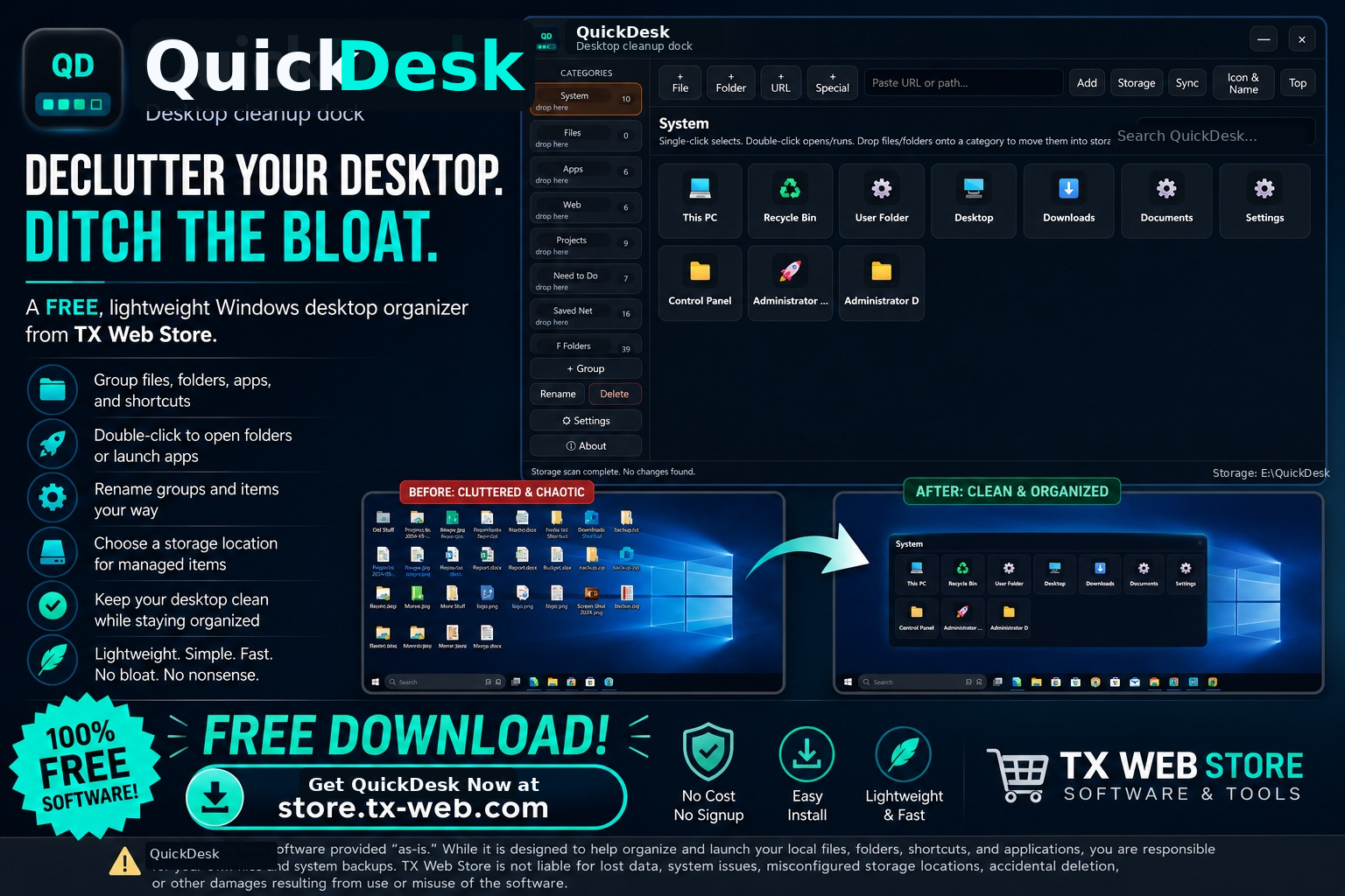 QuickDesk advertisement showing desktop decluttering and the QuickDesk app interface