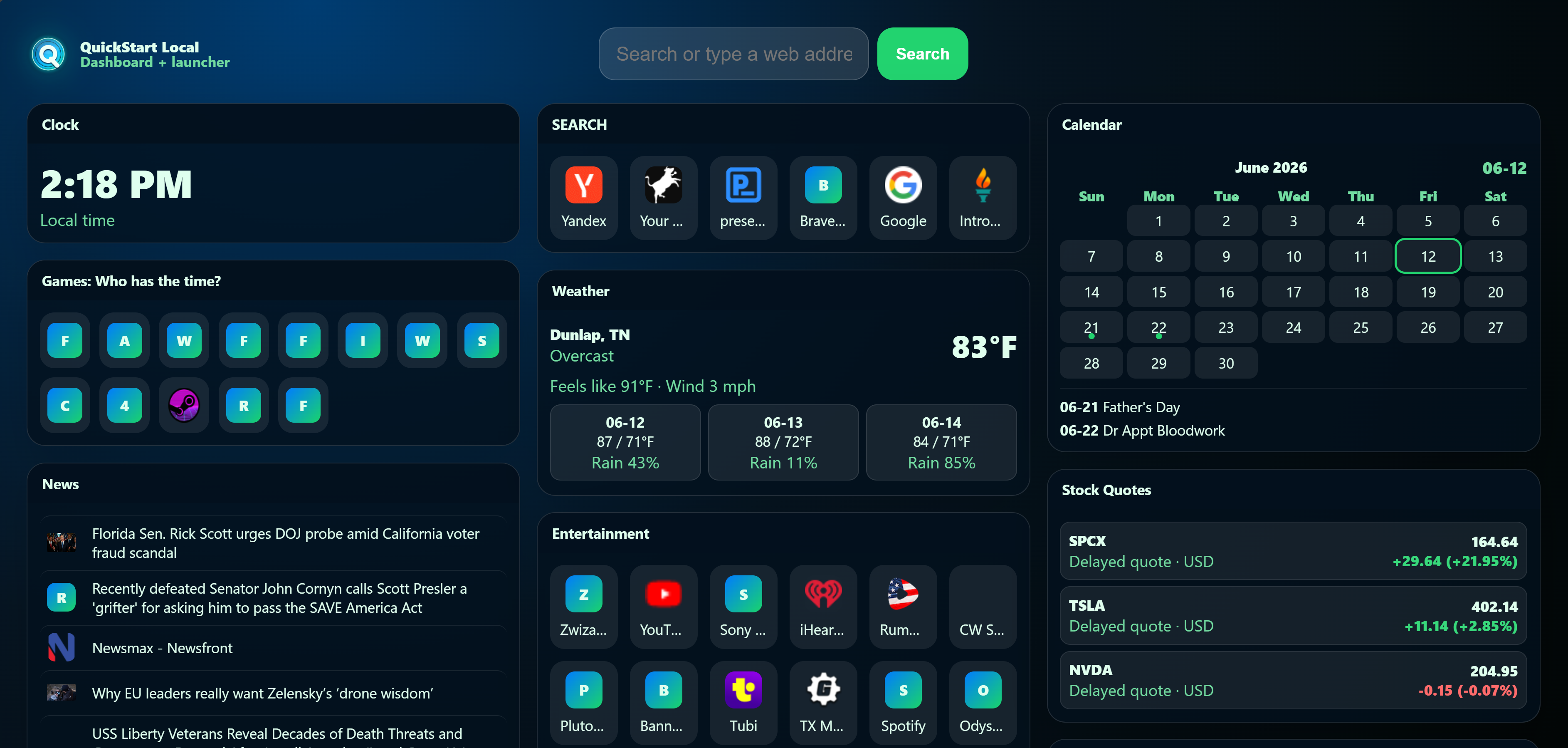 QuickStart Local browser start page and launcher