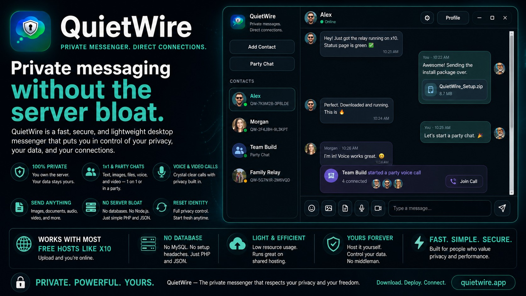 QuietWire software advertisement showing private messaging and unified call experience