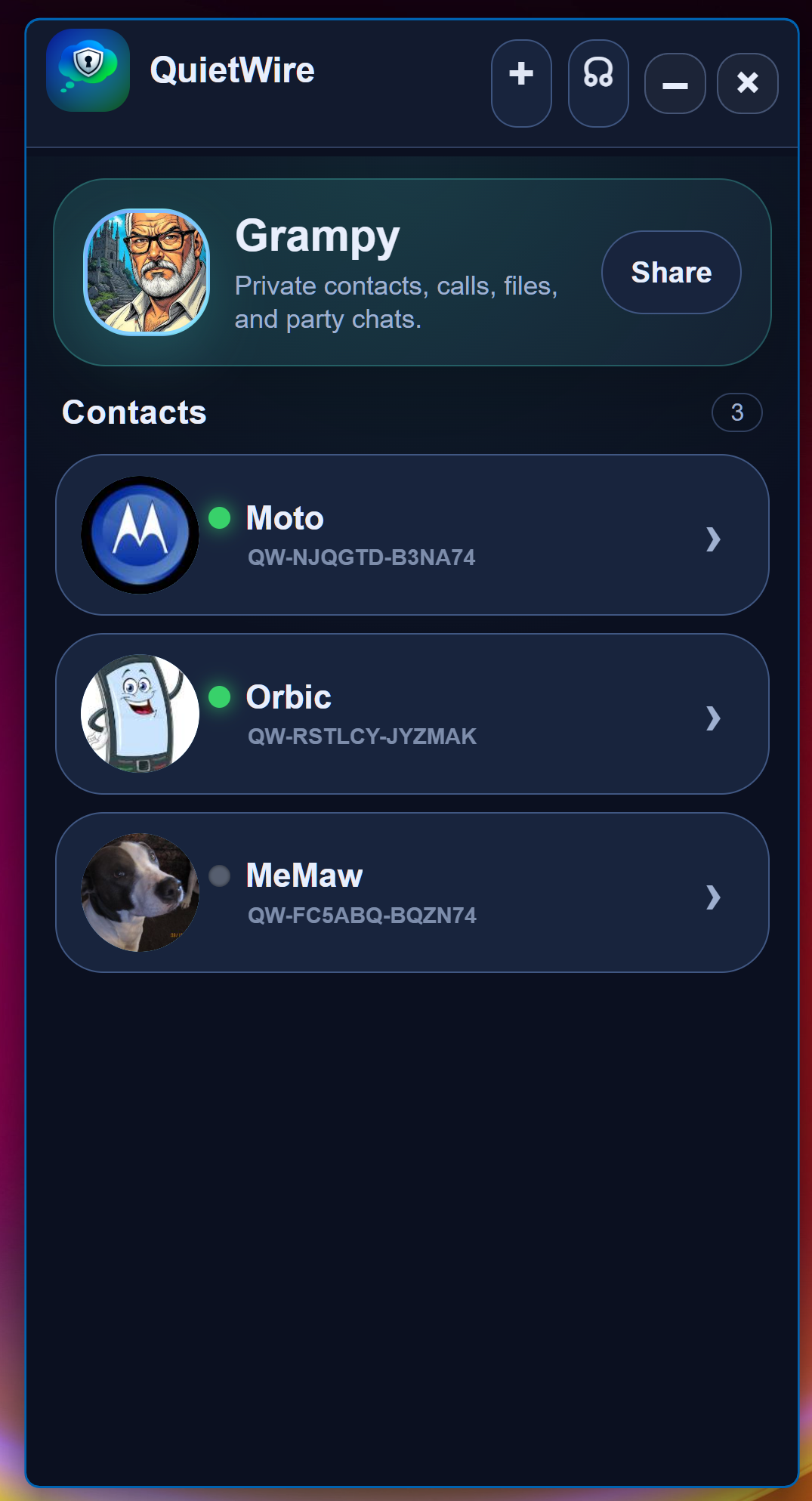 QuietWire Windows contact list